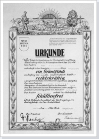 Repro einer Bodenreform-Urkunde aus dem Jahre 1946. / Reproduction of a land reform document from the year 1946.