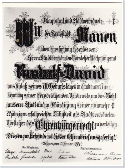 Urkunde Ehrenb&uuml;rgerschaft f&uuml;r Rudolf David 1914 in der Stadt Nauen.